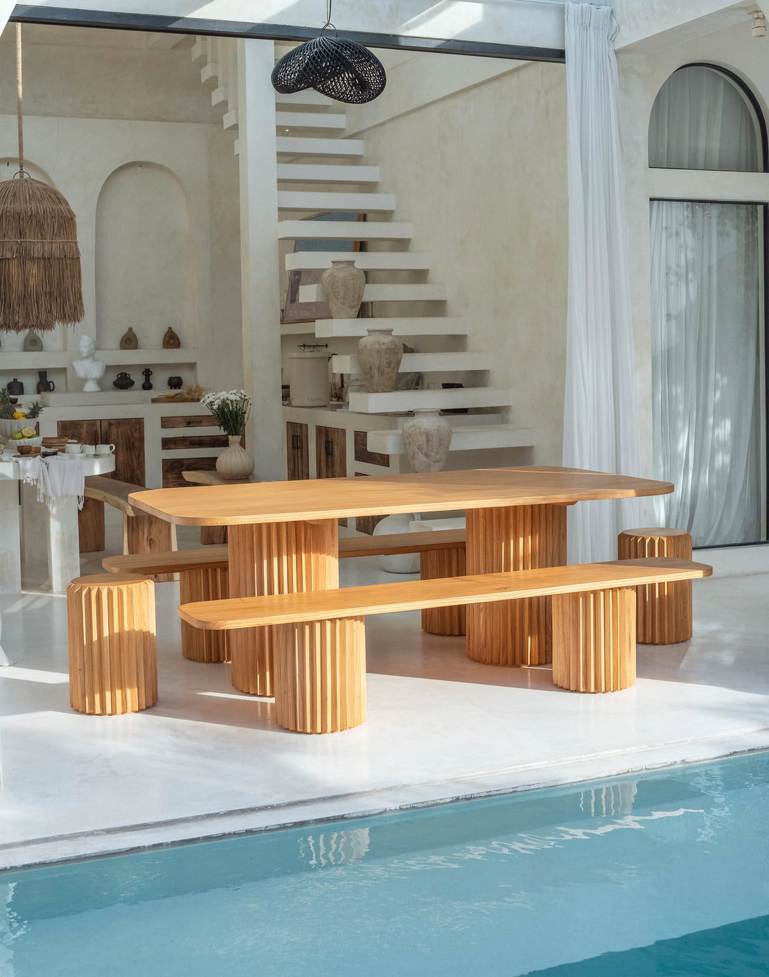 Mindi Fluted Wooden Dining Table Set